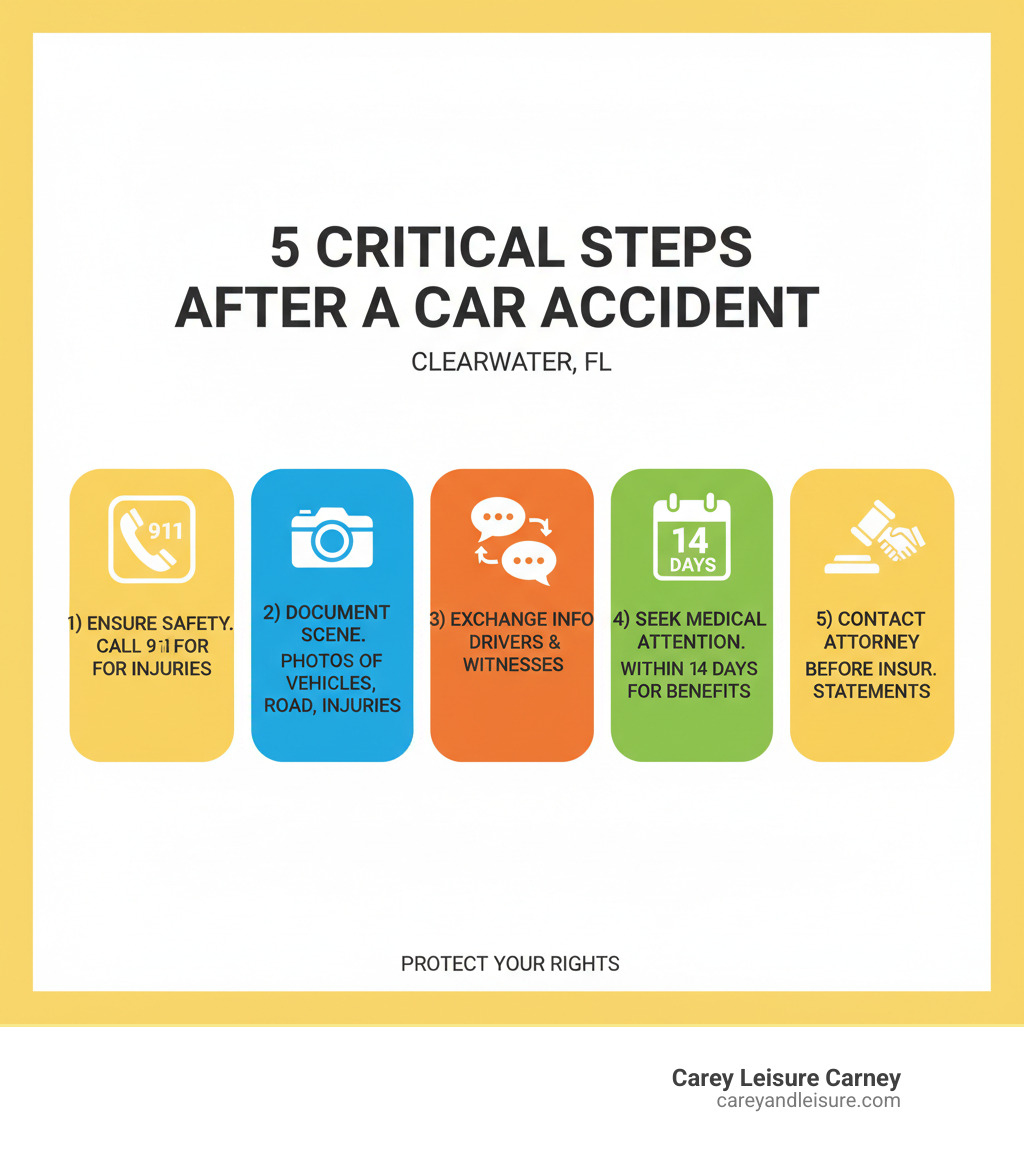Infographic showing 5 critical steps after a car accident: 1) Ensure safety and call 911 for injuries, 2) Document the scene with photos of vehicles, road conditions, and injuries, 3) Exchange information with other drivers and witnesses, 4) Seek medical attention within 14 days to preserve PIP benefits, 5) Contact a car accident attorney before giving any recorded statements to insurance companies - car accident attorneys in clearwater fl infographic Infographic showing 5 critical steps after a car accident: 1) Ensure safety and call 911 for injuries, 2) Document the scene with photos of vehicles, road conditions, and injuries, 3) Exchange information with other drivers and witnesses, 4) Seek medical attention within 14 days to preserve PIP benefits, 5) Contact a car accident attorney before giving any recorded statements to insurance companies - car accident attorneys in clearwater fl infographic