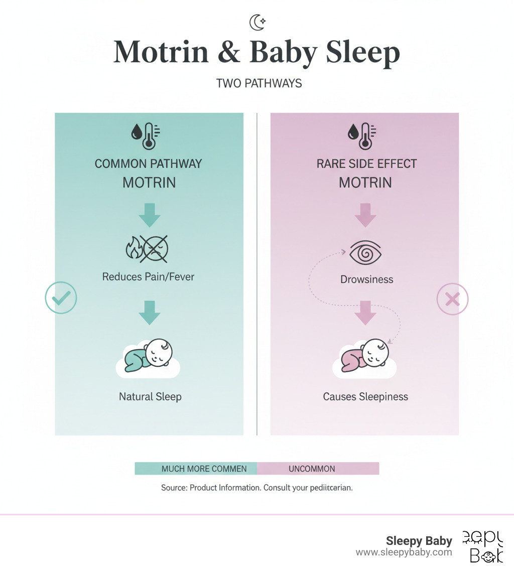 infographic showing two pathways: 1) Motrin reduces pain/fever which allows baby to sleep naturally, versus 2) rare side effect of drowsiness directly causing sleepiness, with the first pathway being much more common - does motrin make babies sleepy infographic infographic showing two pathways: 1) Motrin reduces pain/fever which allows baby to sleep naturally, versus 2) rare side effect of drowsiness directly causing sleepiness, with the first pathway being much more common - does motrin make babies sleepy infographic