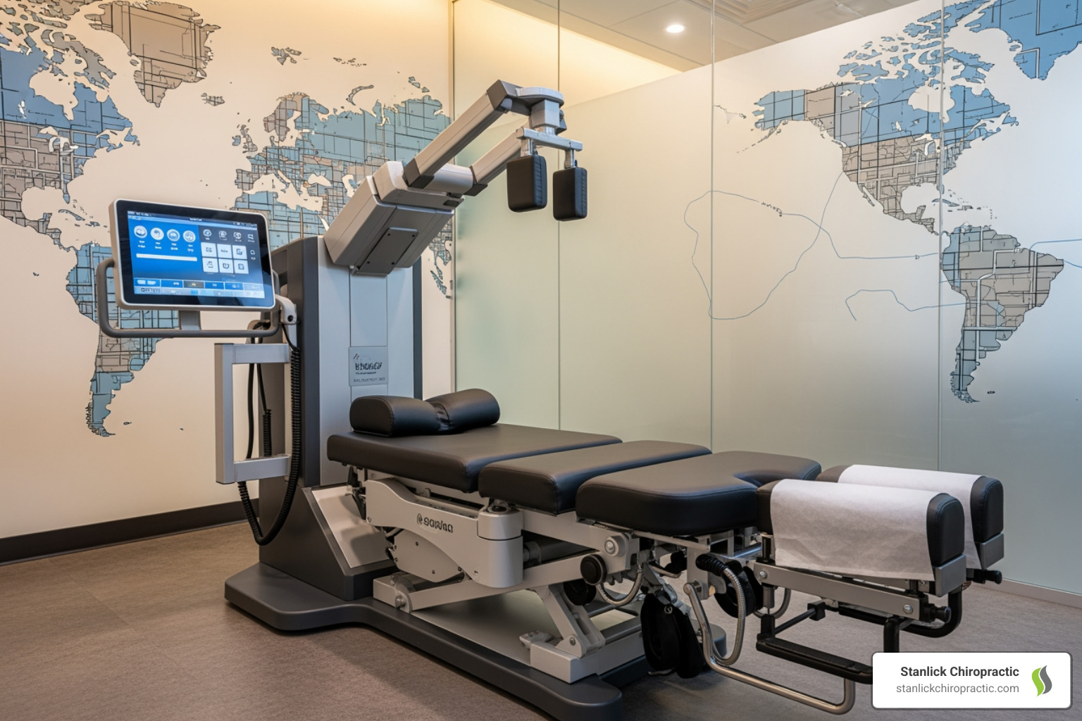 map and a high-tech decompression machine - spinal decompression cost