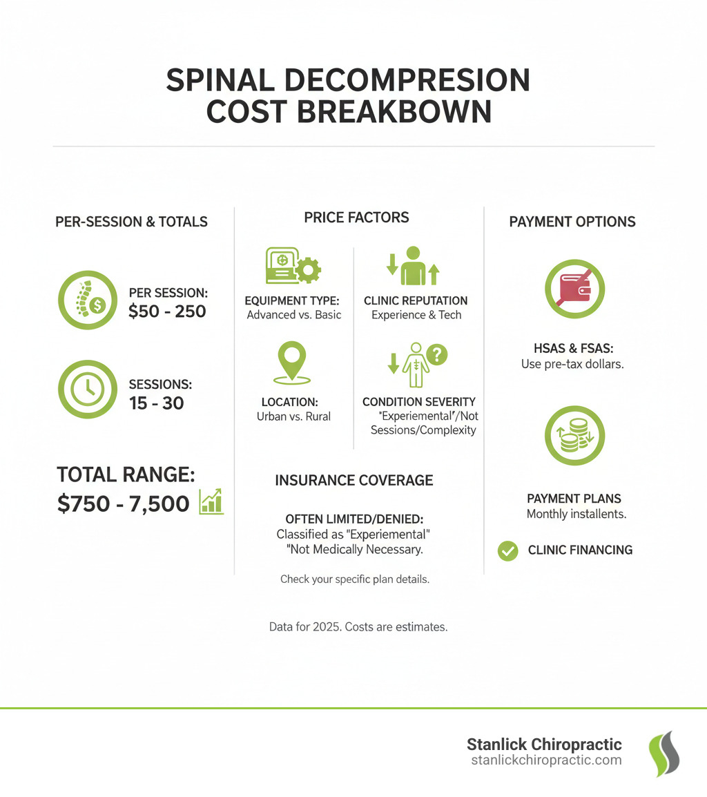 infographic showing the breakdown of spinal decompression costs including per-session fees, typical number of sessions required, total treatment range, factors that increase or decrease price such as equipment type and geographic location, insurance coverage limitations, and alternative payment options like HSAs and FSAs - spinal decompression cost infographic 