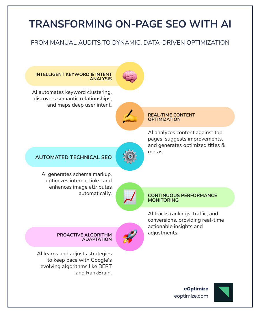 Infographic comparing traditional on-page SEO workflow (manual keyword research, manual content audits, static optimization, monthly performance reviews) versus AI-improved on-page SEO workflow (automated keyword clustering, real-time content analysis, dynamic optimization recommendations, continuous performance monitoring) - on-page SEO AI infographic infographic-line-5-steps-colors