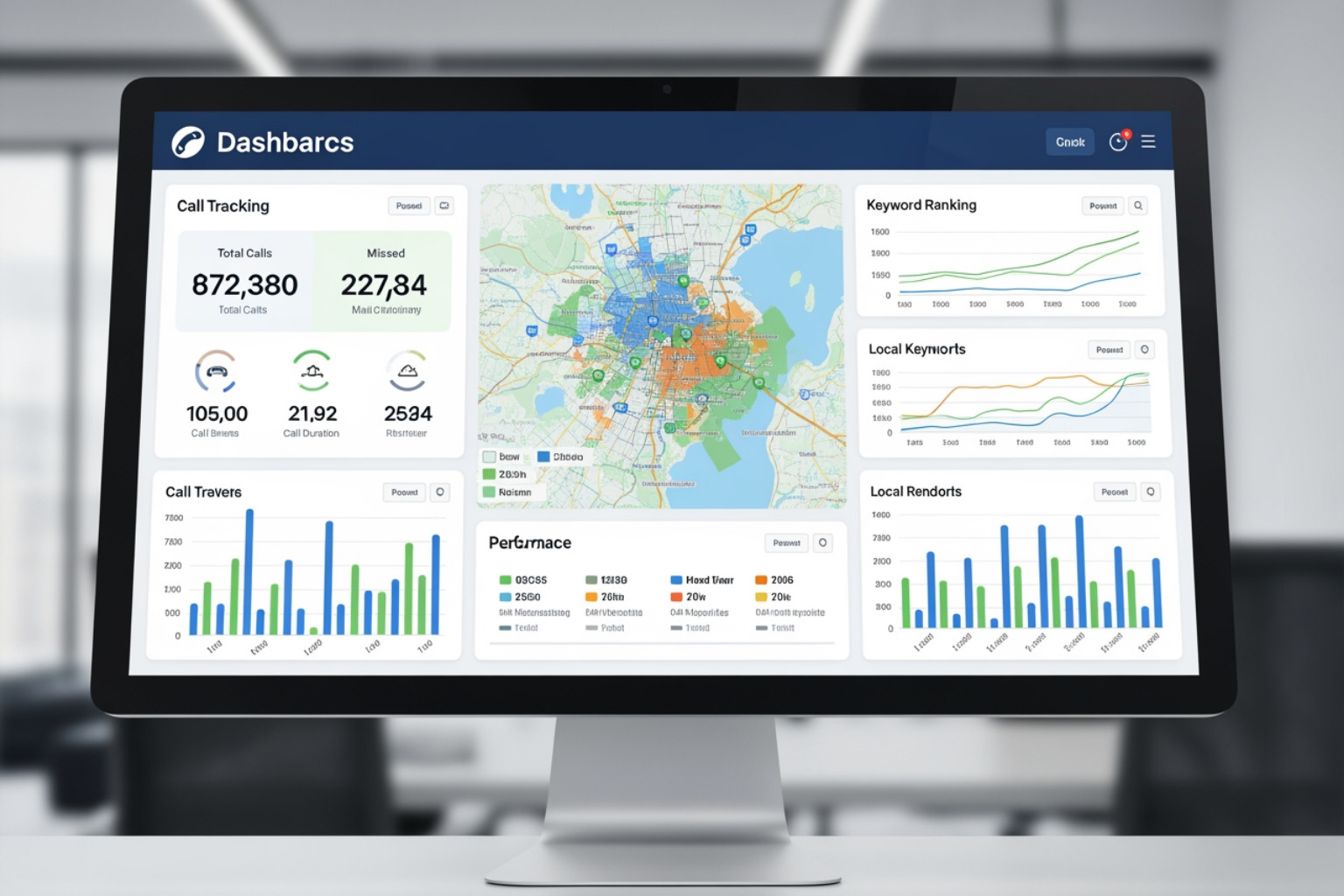 Dashboard showing local SEO analytics like call tracking and keyword rankings - local seo marketing for hvac contractors Dashboard showing local SEO analytics like call tracking and keyword rankings - local seo marketing for hvac contractors
