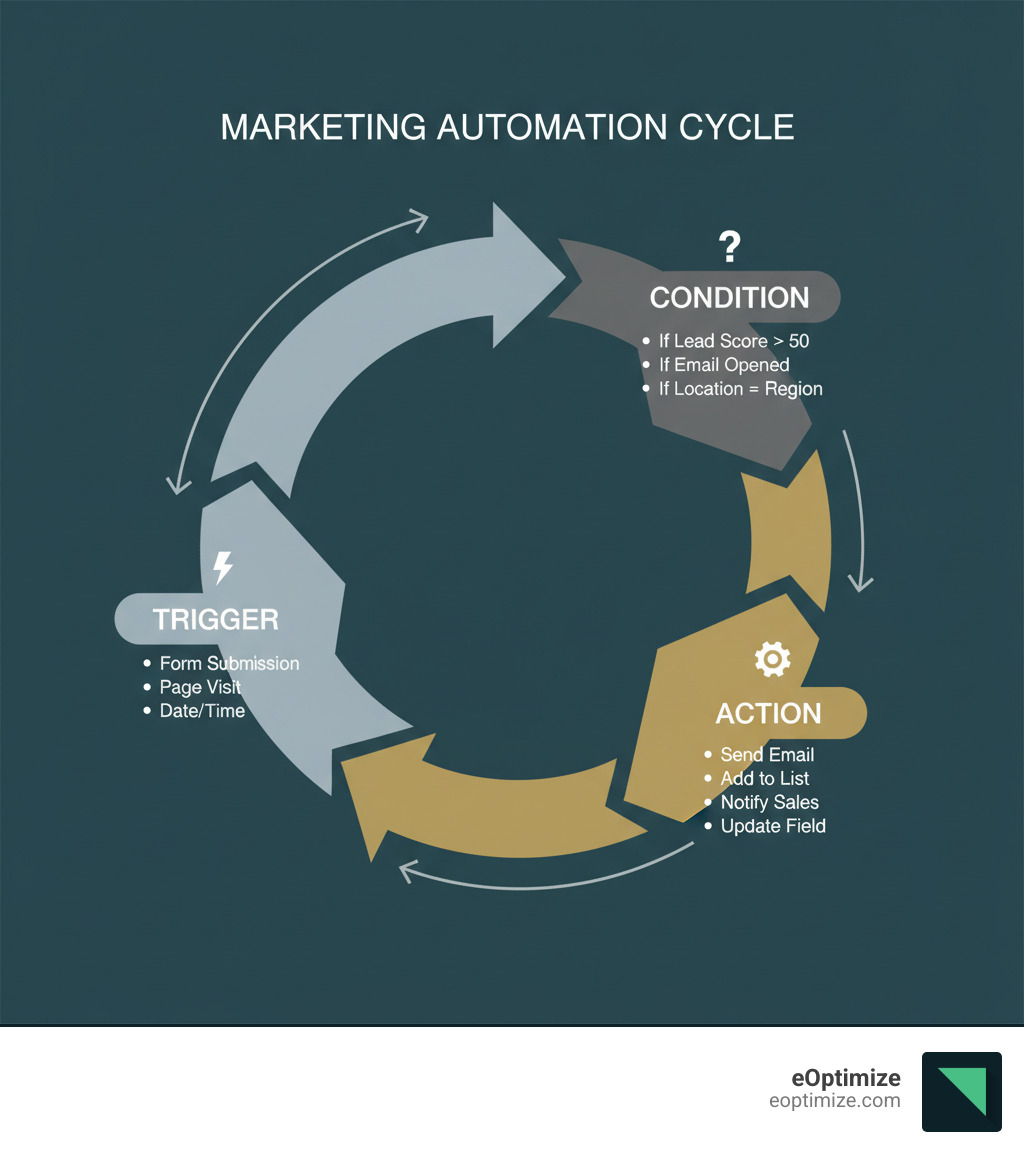 Infographic explaining the basic marketing automation cycle: A circular flow starting with 'Trigger' (examples: form submission, page visit, date/time), flowing to 'Condition' (examples: if lead score > 50, if previous email opened, if location = specific region), then to 'Action' (examples: send email, add to list, notify sales team, update contact field), with arrows connecting back to potential new triggers created by those actions - Marketing automation setup infographic 