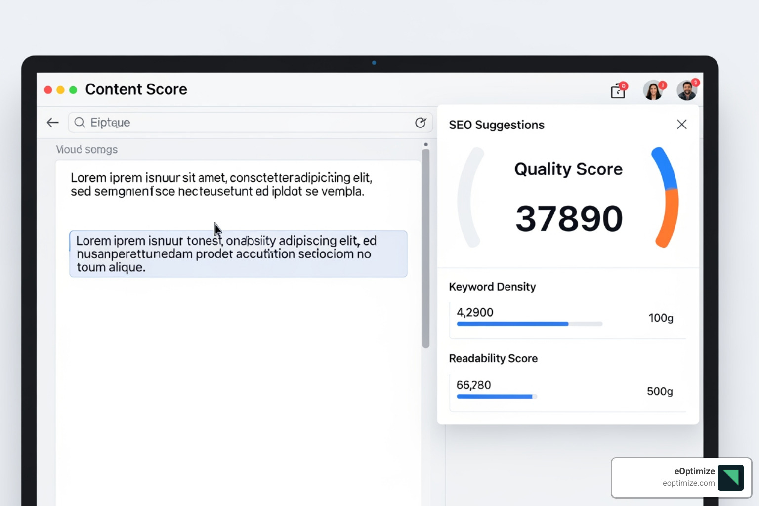 content editor interface showing SEO suggestions and a quality score - tools to optimize content for ai overviews google