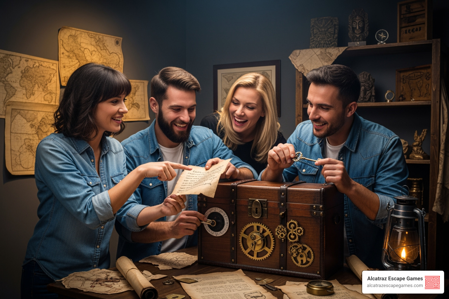 group of four friends laughing inside an escape room - the escape date
