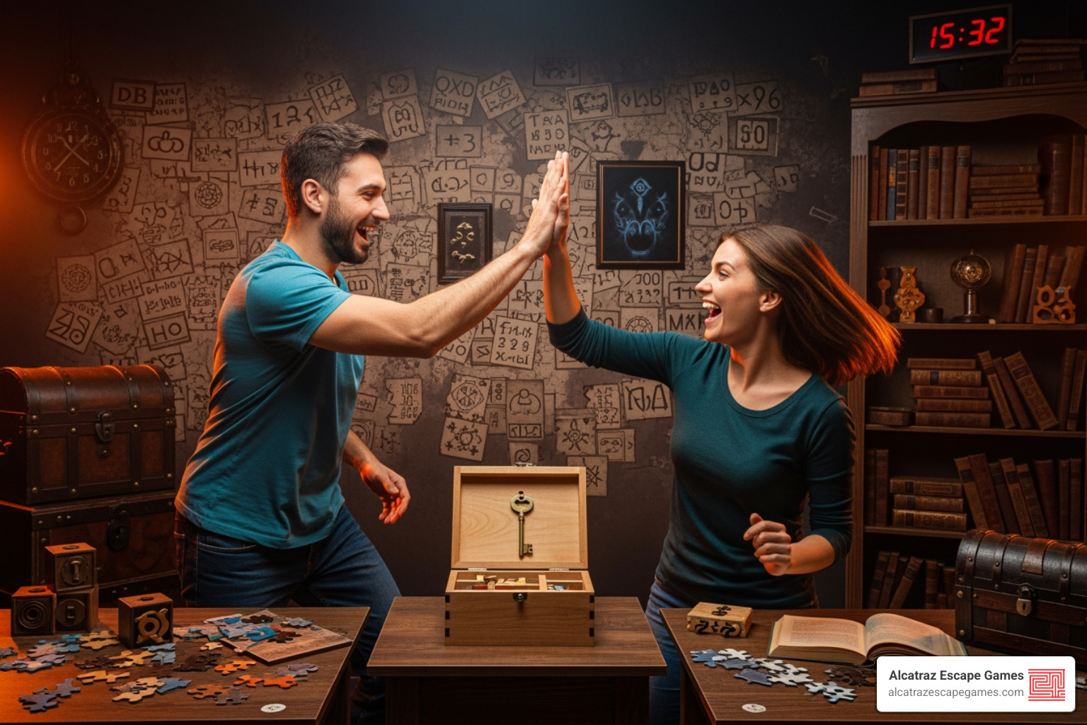 couple high-fiving after solving a puzzle - the escape date