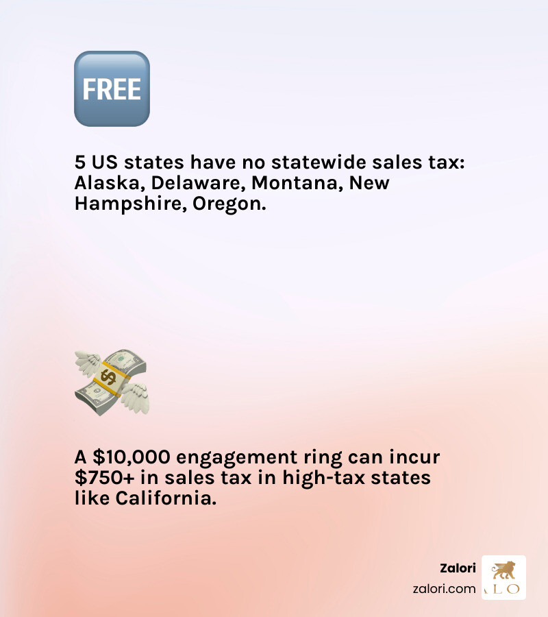 infographic showing sales tax percentages by state for engagement ring purchases, highlighting 5 no-tax states and high-tax states like California (7.5%), New York (6%+), and how much a buyer would pay in tax on a $10,000 ring in each location - avoid sales tax on engagement ring infographic 2_facts_emoji_light-gradient infographic showing sales tax percentages by state for engagement ring purchases, highlighting 5 no-tax states and high-tax states like California (7.5%), New York (6%+), and how much a buyer would pay in tax on a $10,000 ring in each location - avoid sales tax on engagement ring infographic 2_facts_emoji_light-gradient
