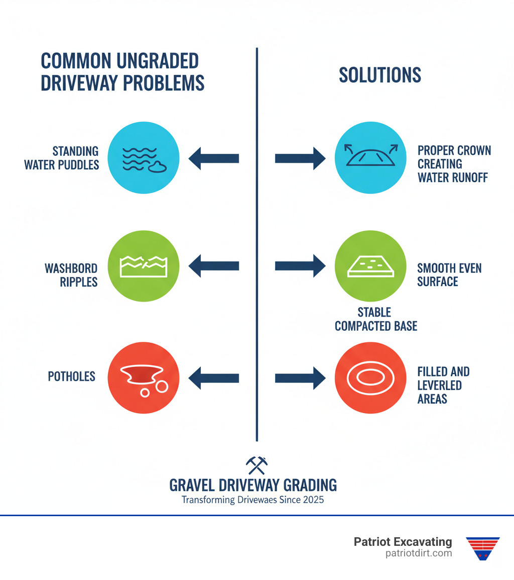 Infographic showing common ungraded driveway problems on left (standing water puddles, washboard ripples, eroded edges, potholes) with arrows pointing to solutions on right (proper crown creating water runoff, smooth even surface, stable compacted base, filled and leveled areas) - Gravel driveway grading infographic 