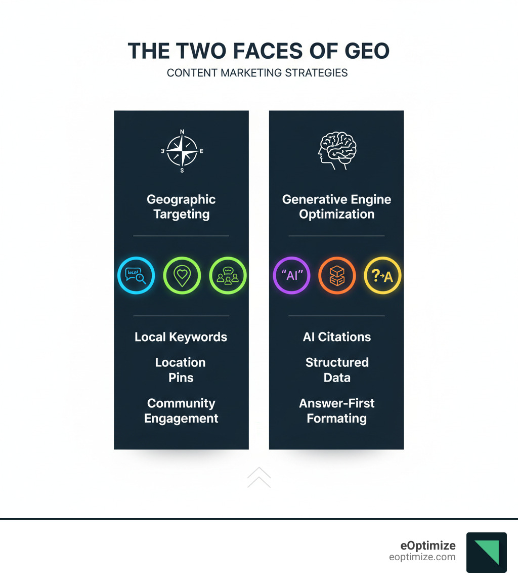 infographic showing two columns: Geographic Targeting (left) with icons for local keywords, location pins, and community engagement, and Generative Engine Optimization (right) with icons for AI citations, structured data, and answer-first formatting - what are best practice geo for content marketing infographic 