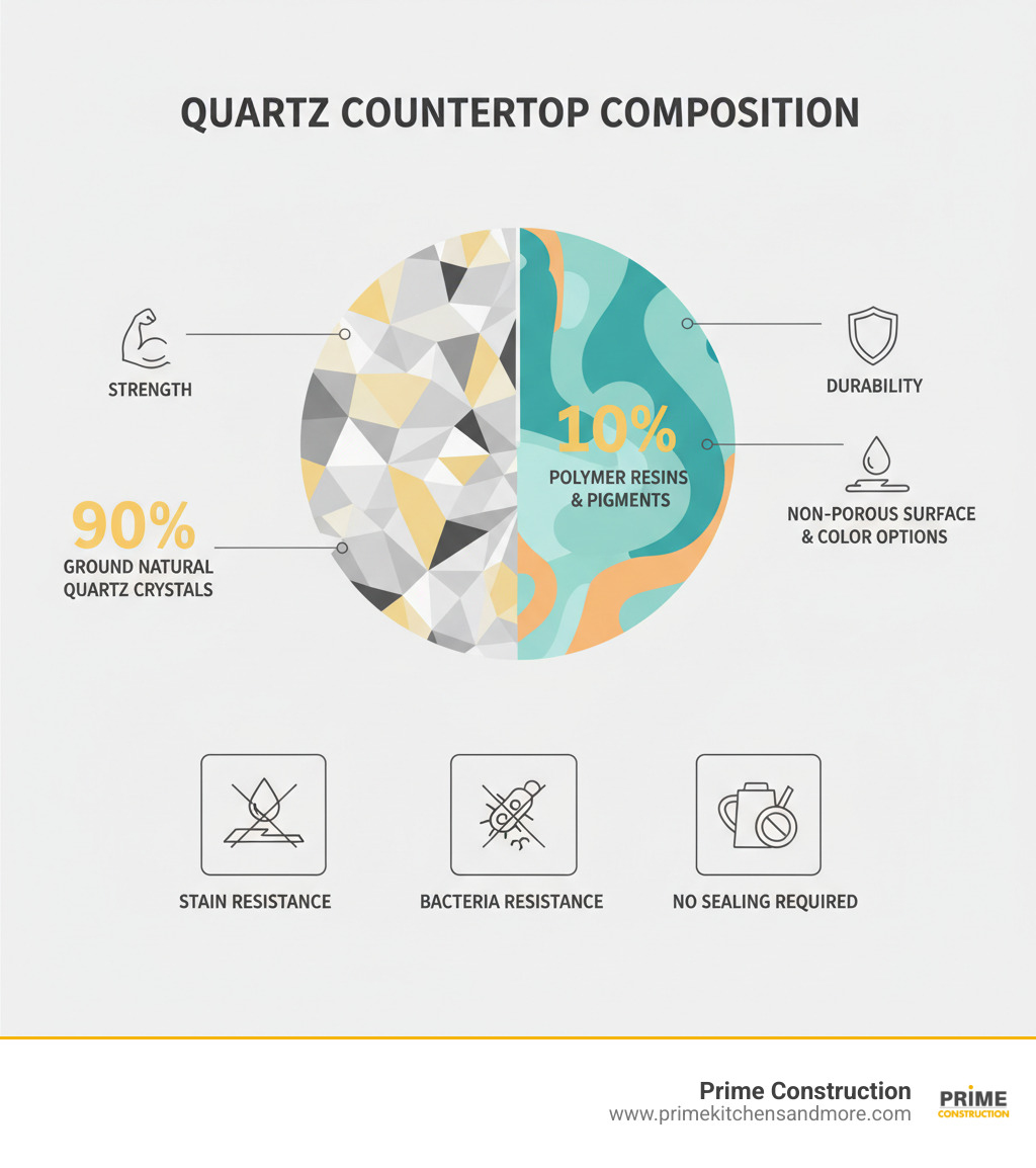 Infographic showing quartz countertop composition: 90% ground natural quartz crystals providing strength and durability, 10% polymer resins and pigments creating the non-porous surface and color options, with icons illustrating stain resistance, bacteria resistance, and no sealing required - quartz stone bathroom infographic 