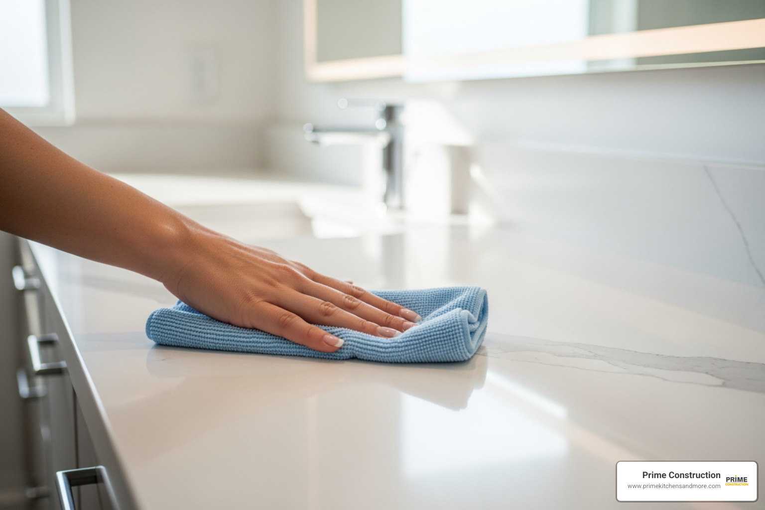 person easily wiping a quartz countertop with a soft cloth - quartz stone bathroom
