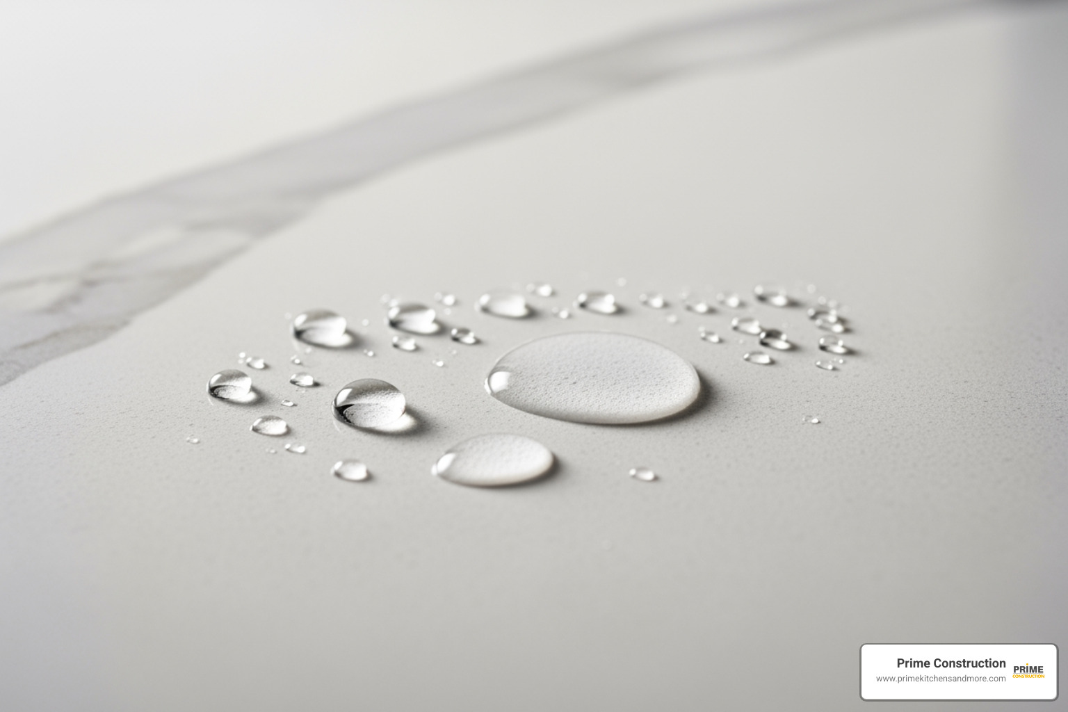 close-up on a non-porous quartz surface repelling water droplets - quartz stone bathroom