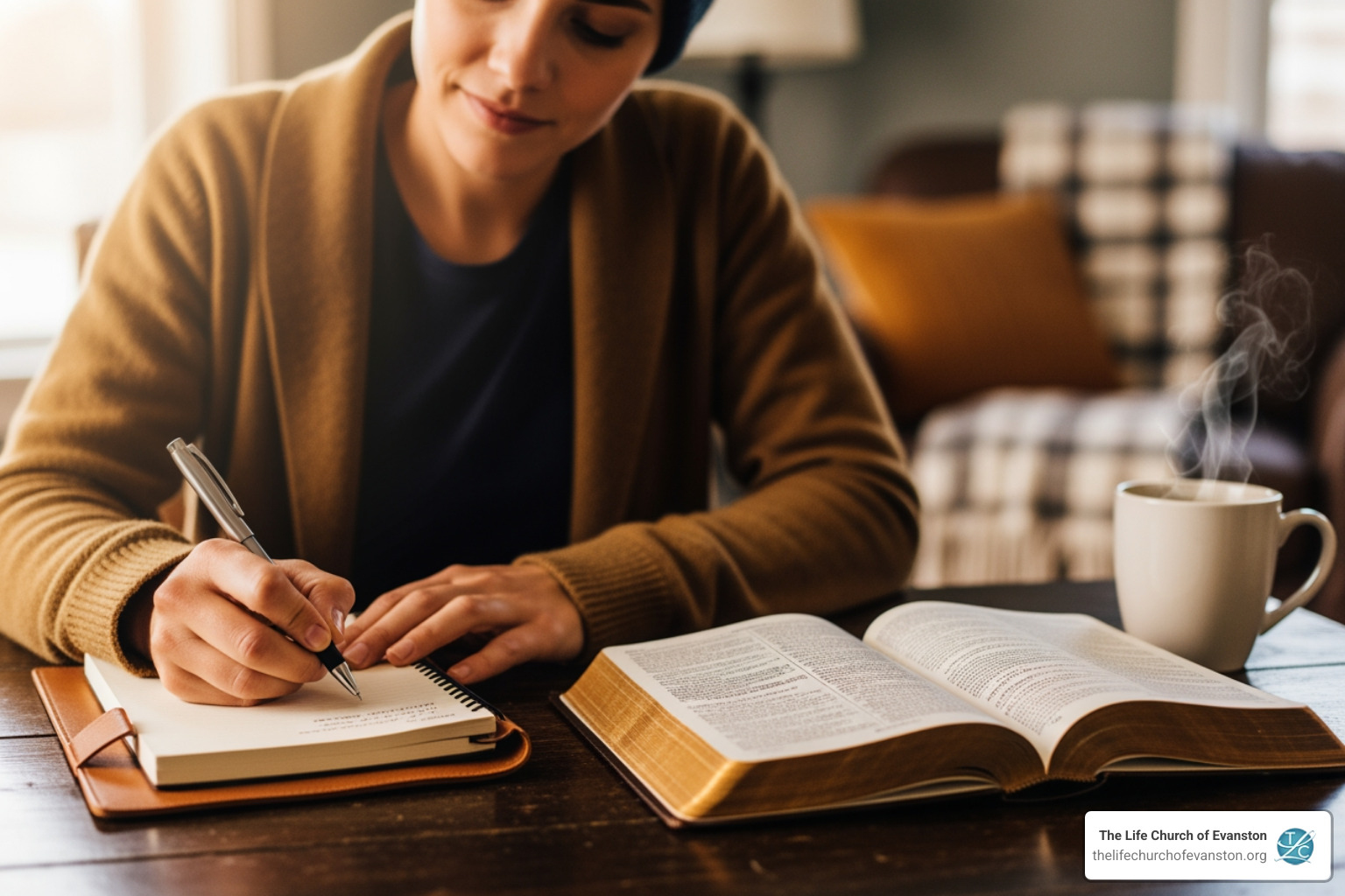 person journaling with a Bible and coffee - connecting with god