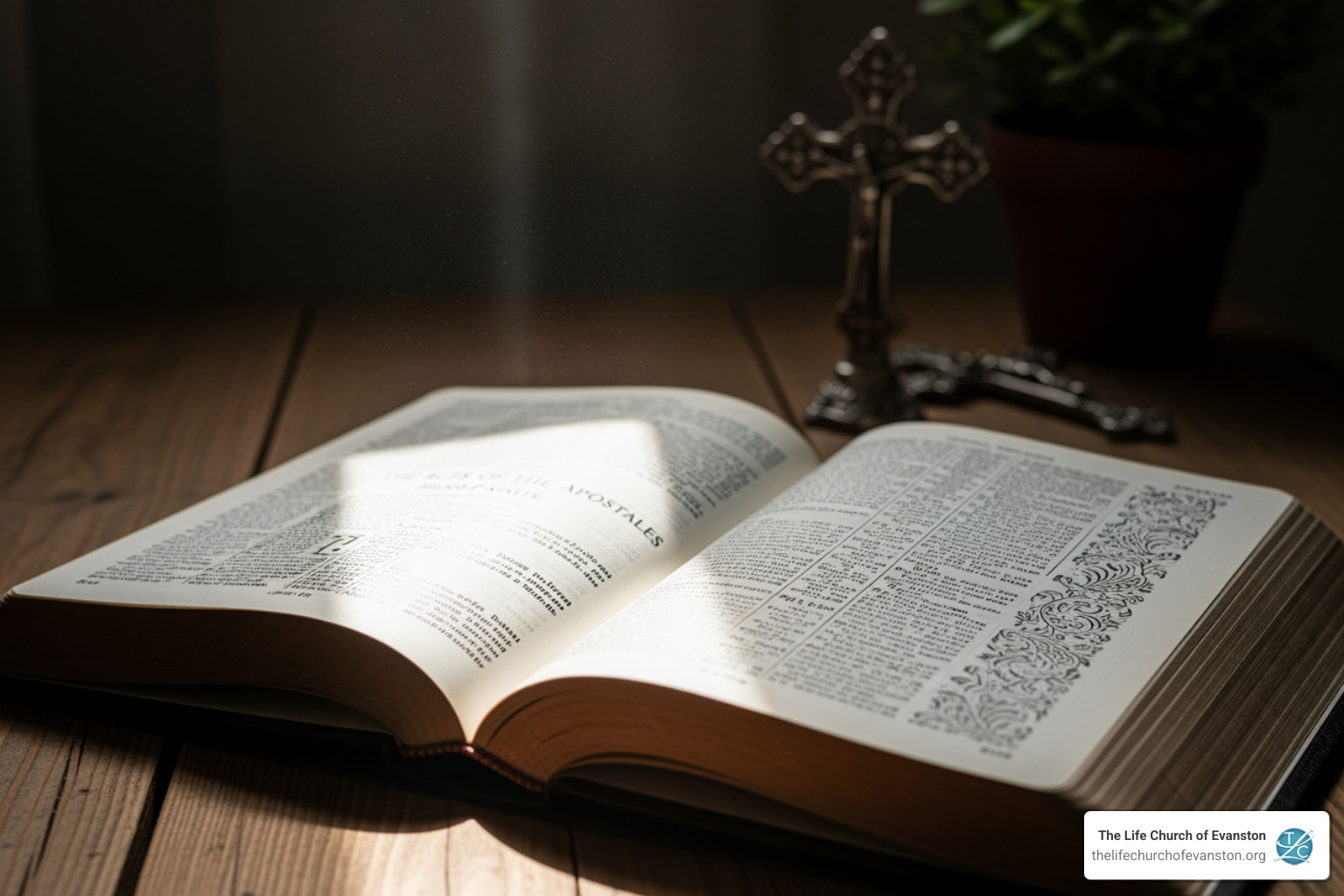 open Bible with light shining on the book of Acts - connecting with god