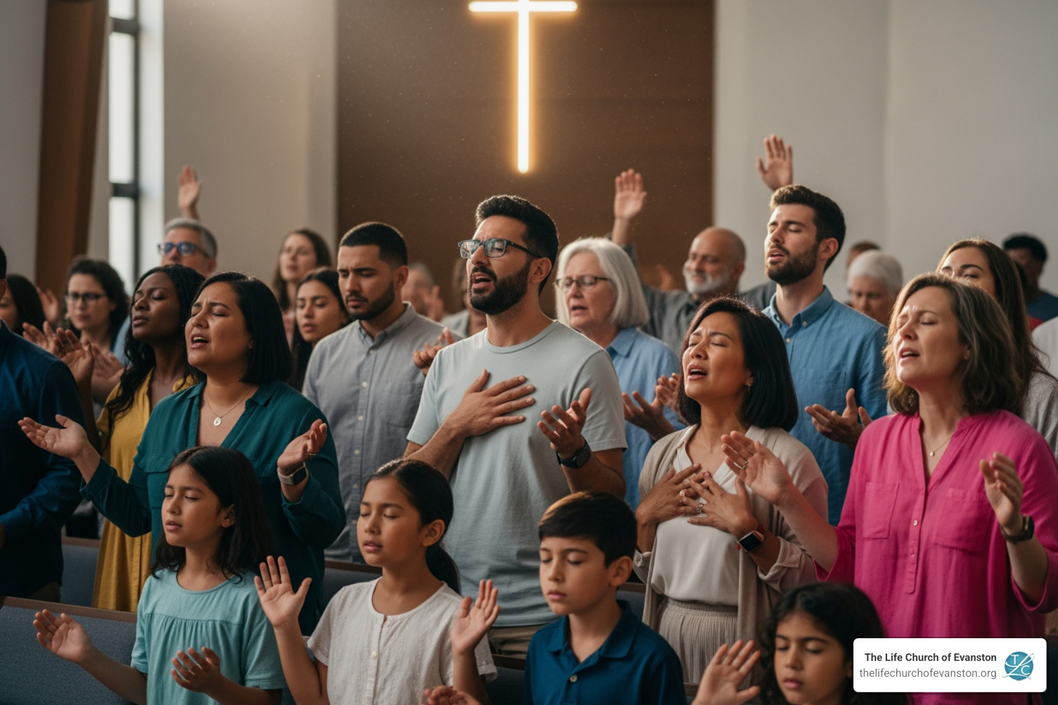 diverse group of people worshiping together in a church - connecting with god