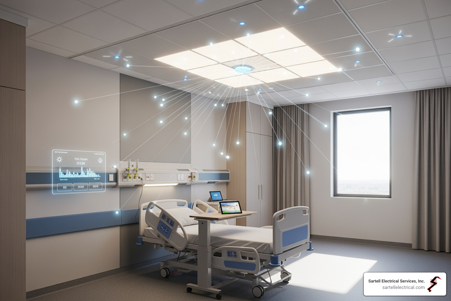 diagram showing how IoT lighting sensors work in a hospital setting - Healthcare lighting solutions