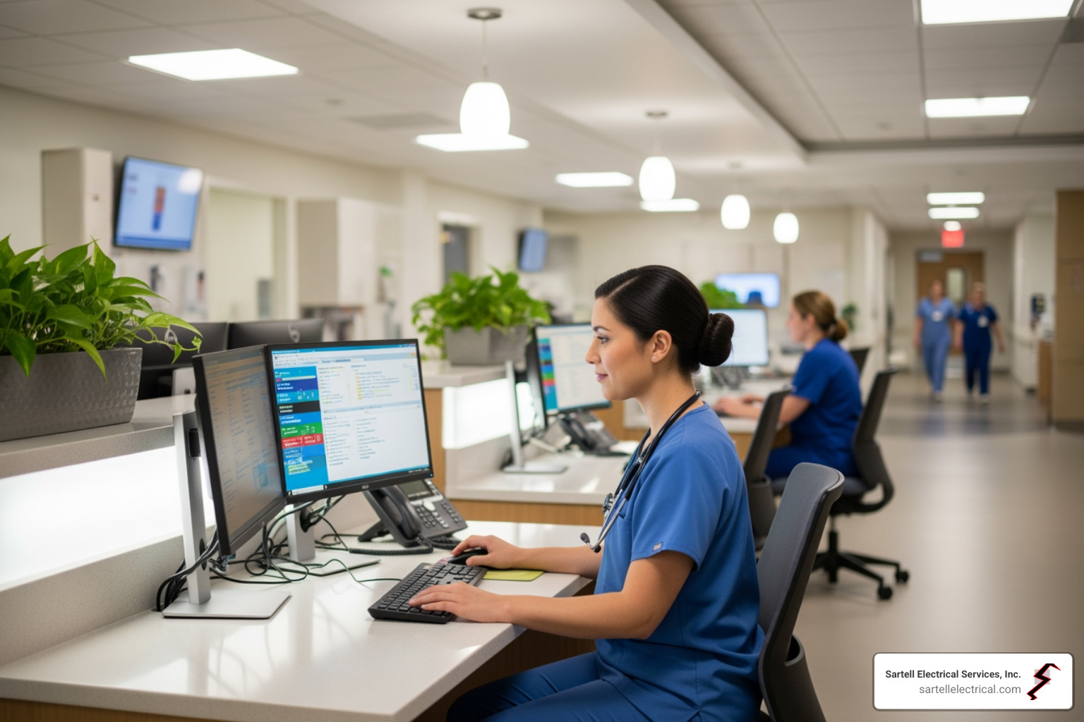 nurse working at a well-lit, glare-free station - Healthcare lighting solutions