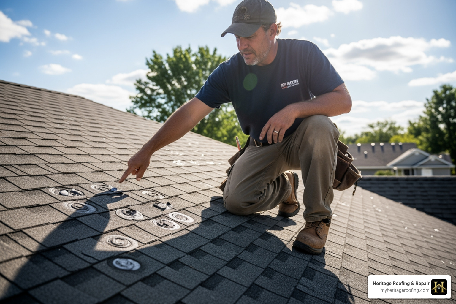 of a roofer on a roof, pointing to hail damage on a shingle - roofing contractors and insurance adjusters of a roofer on a roof, pointing to hail damage on a shingle - roofing contractors and insurance adjusters