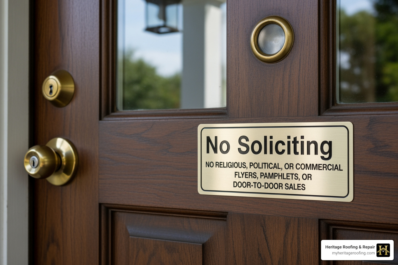 of a "No Soliciting" sign on a front door - roofing contractors and insurance adjusters of a "No Soliciting" sign on a front door - roofing contractors and insurance adjusters