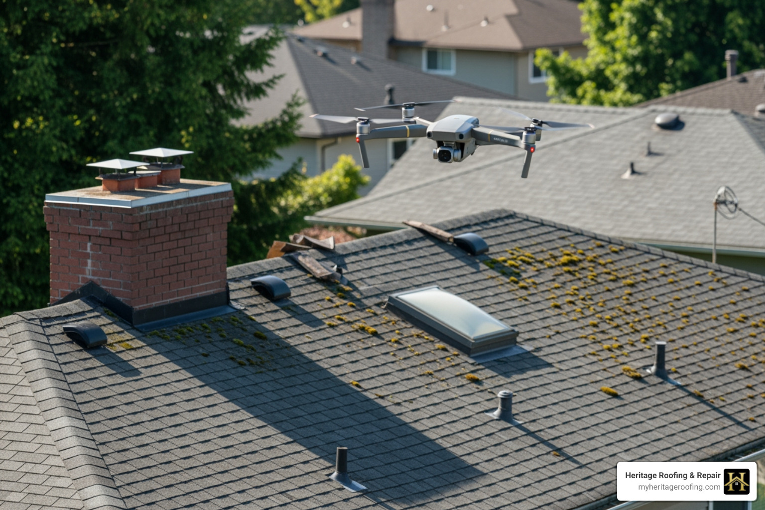 of a drone flying over a residential roof for an inspection - roofing contractors and insurance adjusters of a drone flying over a residential roof for an inspection - roofing contractors and insurance adjusters