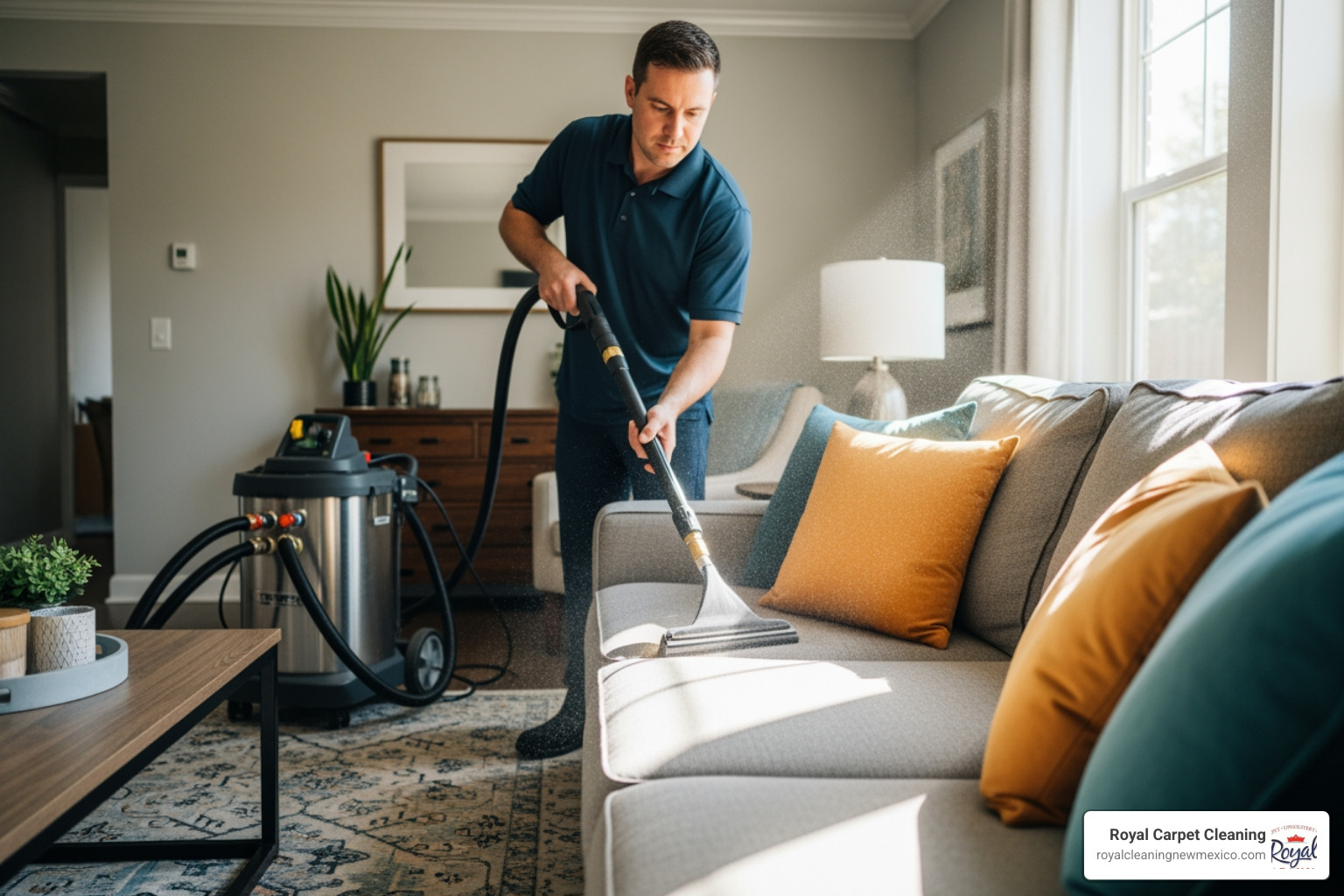 technician performing hot water extraction on a sofa cushion - upholstery cleaning services