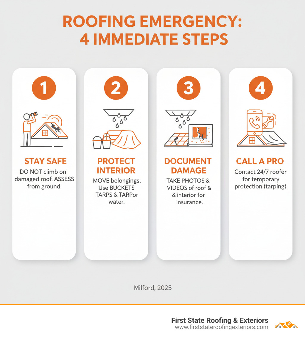 Infographic showing 4 immediate steps in a roofing emergency: Step 1 - Stay Safe (do not climb on damaged roof, assess from ground), Step 2 - Protect Interior (move belongings, use buckets and tarps to catch water), Step 3 - Document Damage (take photos and videos of roof and interior damage for insurance), Step 4 - Call a Pro (contact 24/7 emergency roofer for immediate temporary protection like tarping) - emergency roof repair Milford infographic 