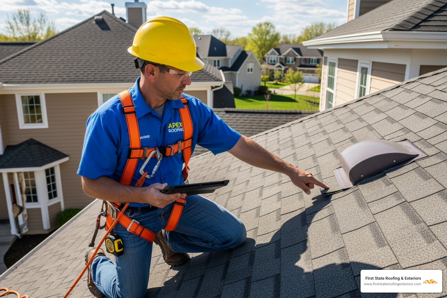 First State Roofing & Exteriors team member, wearing a safety harness, conducting a roof inspection in Milford, DE - emergency roof repair Milford