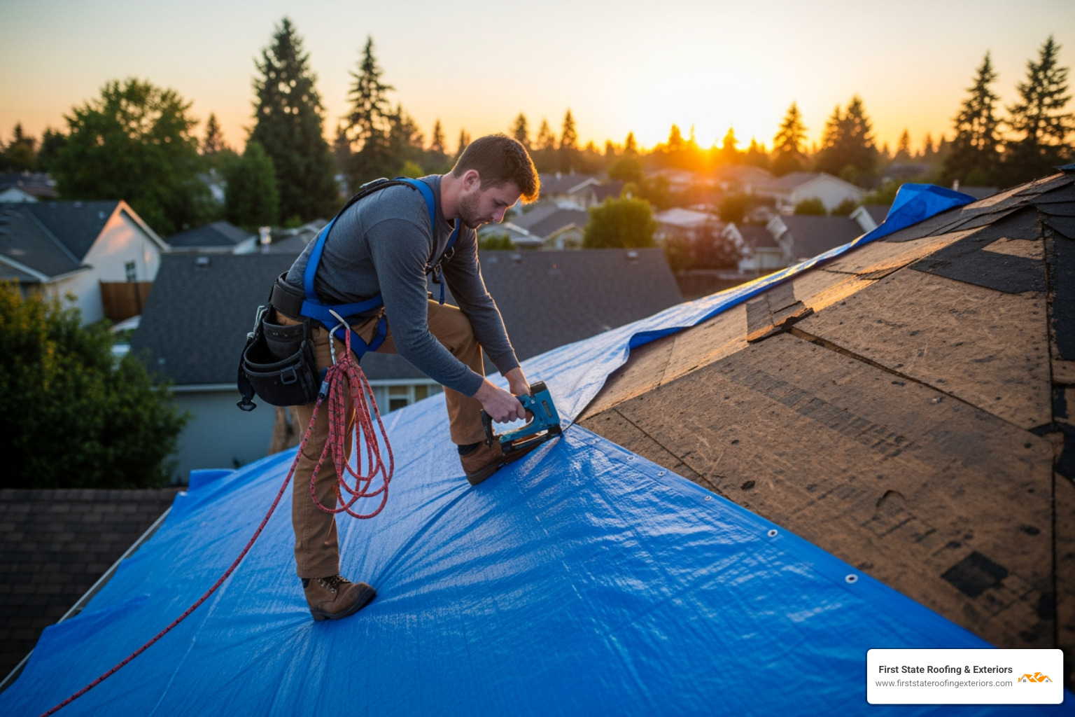 professional roofer with safety harness securing a blue tarp over a damaged section of a roof - emergency roof repair Milford