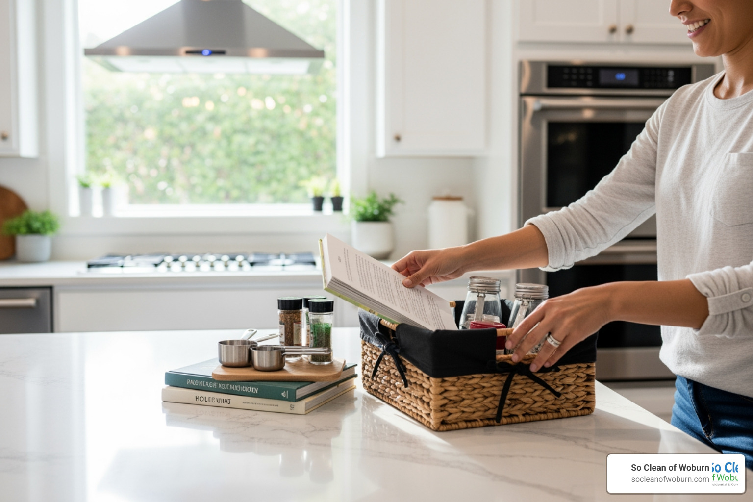 person decluttering a countertop before cleaners arrive - apartment cleaning service