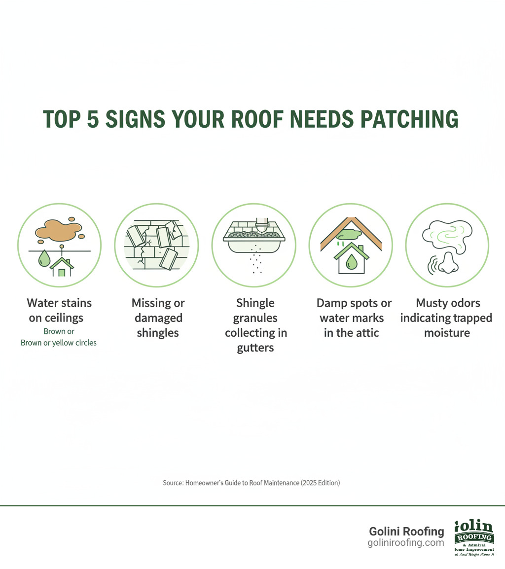 infographic showing the top 5 signs your roof needs patching: water stains on ceilings appearing as brown or yellow circles, missing or visibly damaged shingles, shingle granules collecting in gutters, damp spots or water marks in the attic, and musty odors indicating trapped moisture - patching a roof infographic 