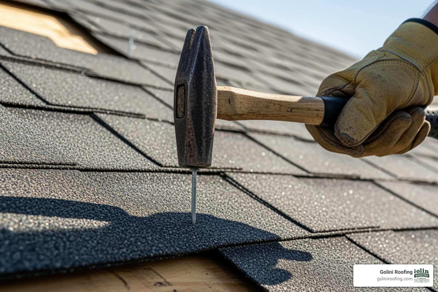 new shingle being nailed into place - patching a roof new shingle being nailed into place - patching a roof