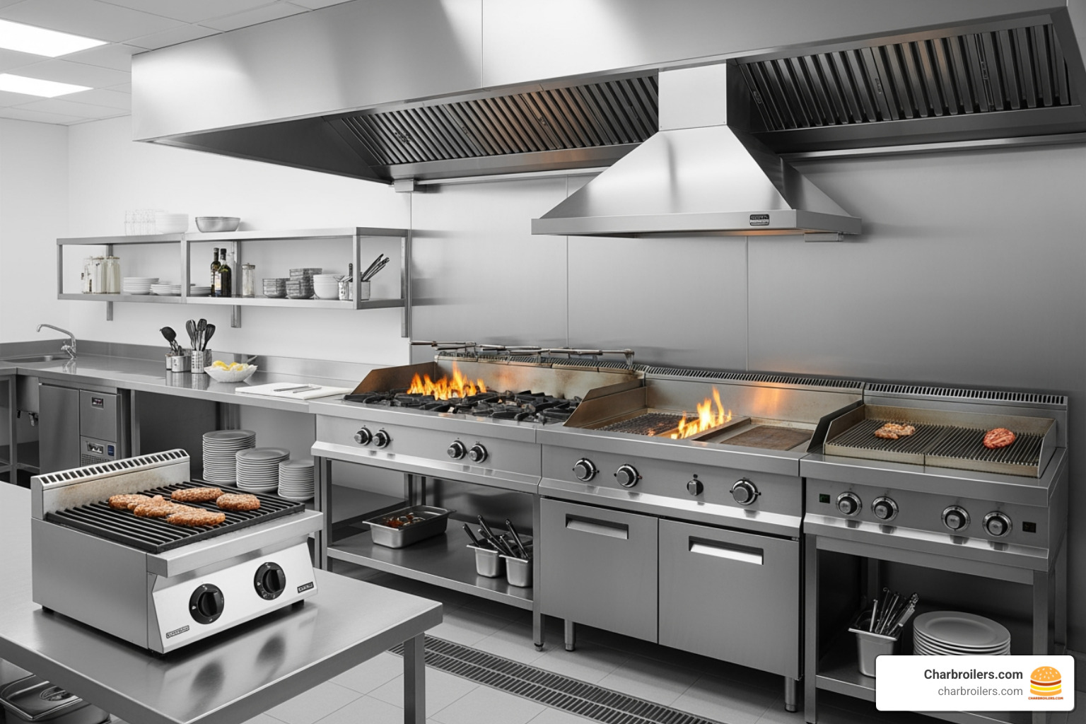 image showing a countertop, a floor model, and a modular charbroiler in a kitchen setting - commercial charbroiler grill