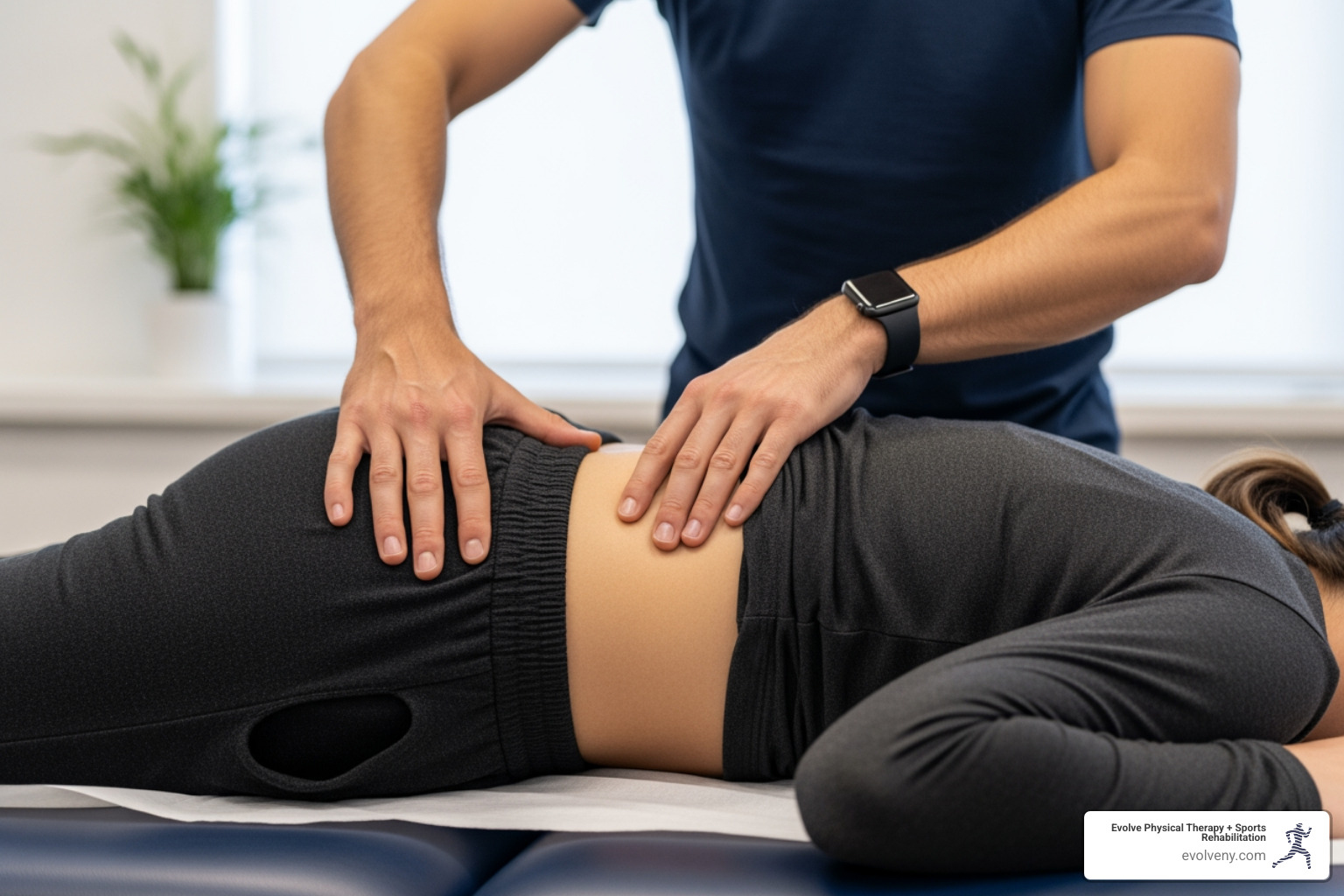 therapist performing SCS technique on patient's lower back - strain counterstrain exercises therapist performing SCS technique on patient's lower back - strain counterstrain exercises