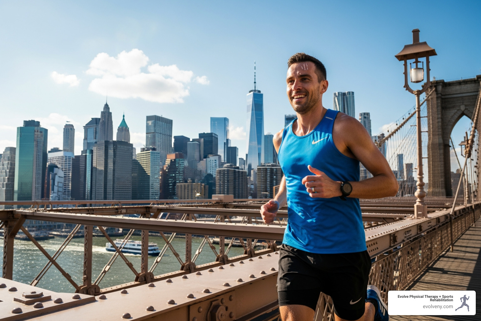 Smiling athlete running over the Brooklyn Bridge - Brooklyn sports rehab Smiling athlete running over the Brooklyn Bridge - Brooklyn sports rehab