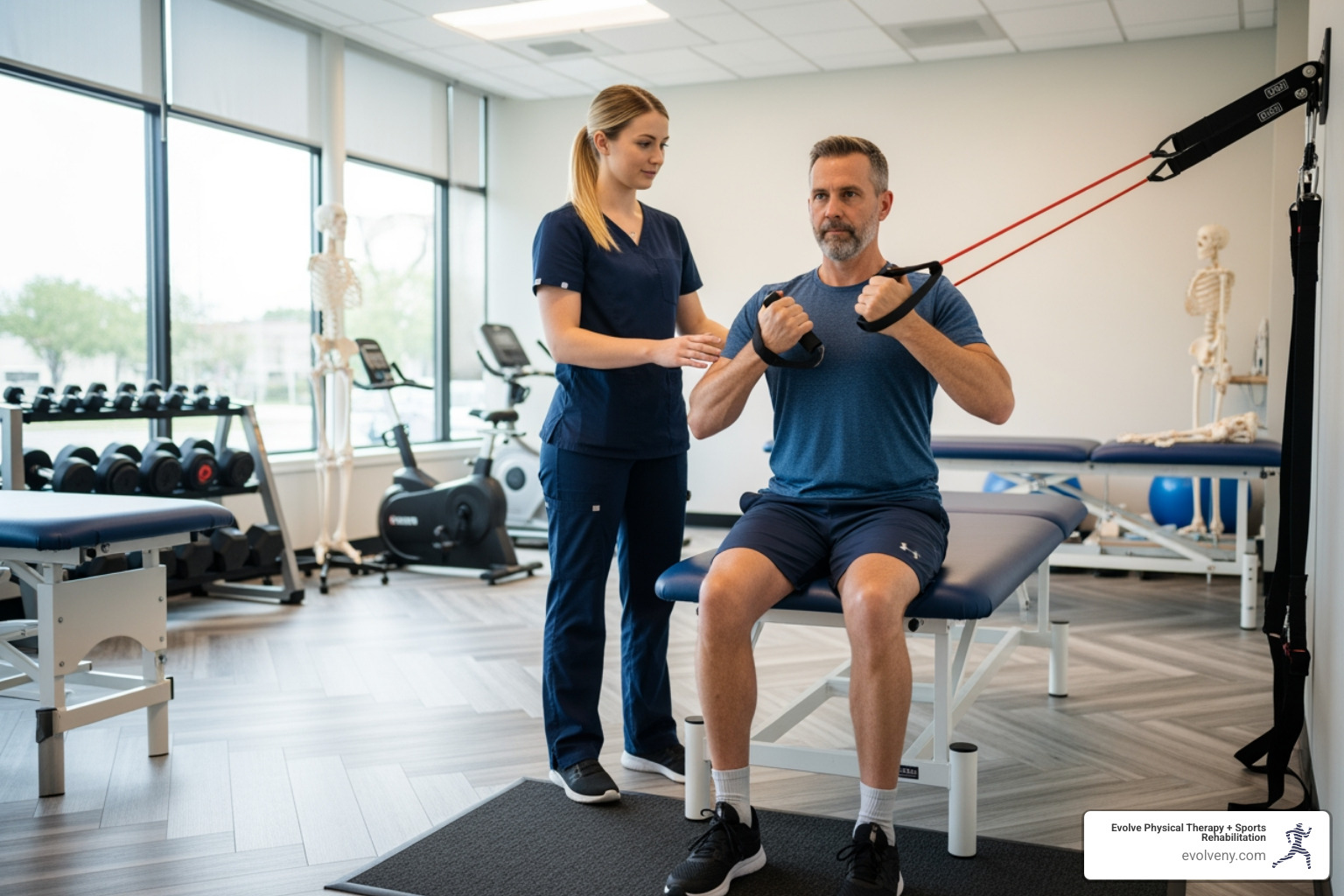Patient performing a strengthening exercise with resistance bands under supervision - Brooklyn sports rehab Patient performing a strengthening exercise with resistance bands under supervision - Brooklyn sports rehab