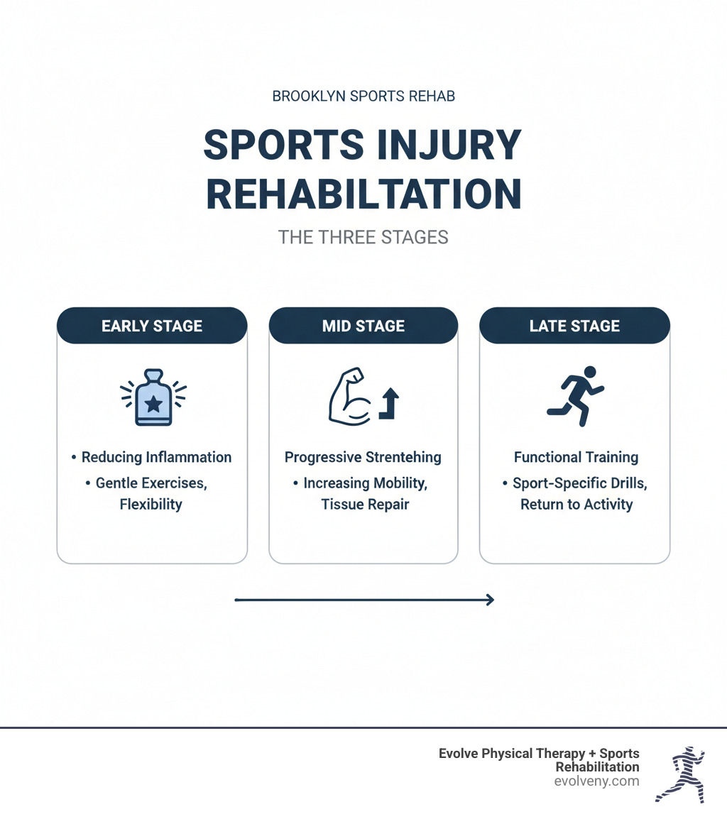 Infographic showing the three stages of sports injury rehabilitation: Early Stage (reducing inflammation, gentle exercises, maintaining flexibility), Mid Stage (progressive strengthening, increasing mobility, rebuilding damaged tissues), and Late Stage (functional training, sport-specific exercises, return to activity preparation) - Brooklyn sports rehab infographic Infographic showing the three stages of sports injury rehabilitation: Early Stage (reducing inflammation, gentle exercises, maintaining flexibility), Mid Stage (progressive strengthening, increasing mobility, rebuilding damaged tissues), and Late Stage (functional training, sport-specific exercises, return to activity preparation) - Brooklyn sports rehab infographic
