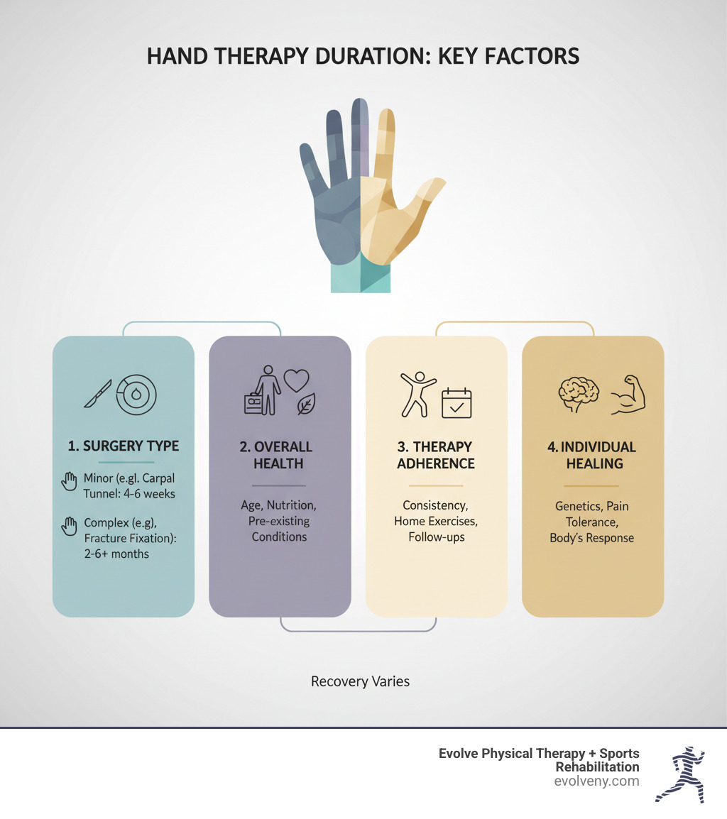 Infographic explaining the key factors that influence hand therapy duration - how long is physical therapy after hand surgery infographic Infographic explaining the key factors that influence hand therapy duration - how long is physical therapy after hand surgery infographic