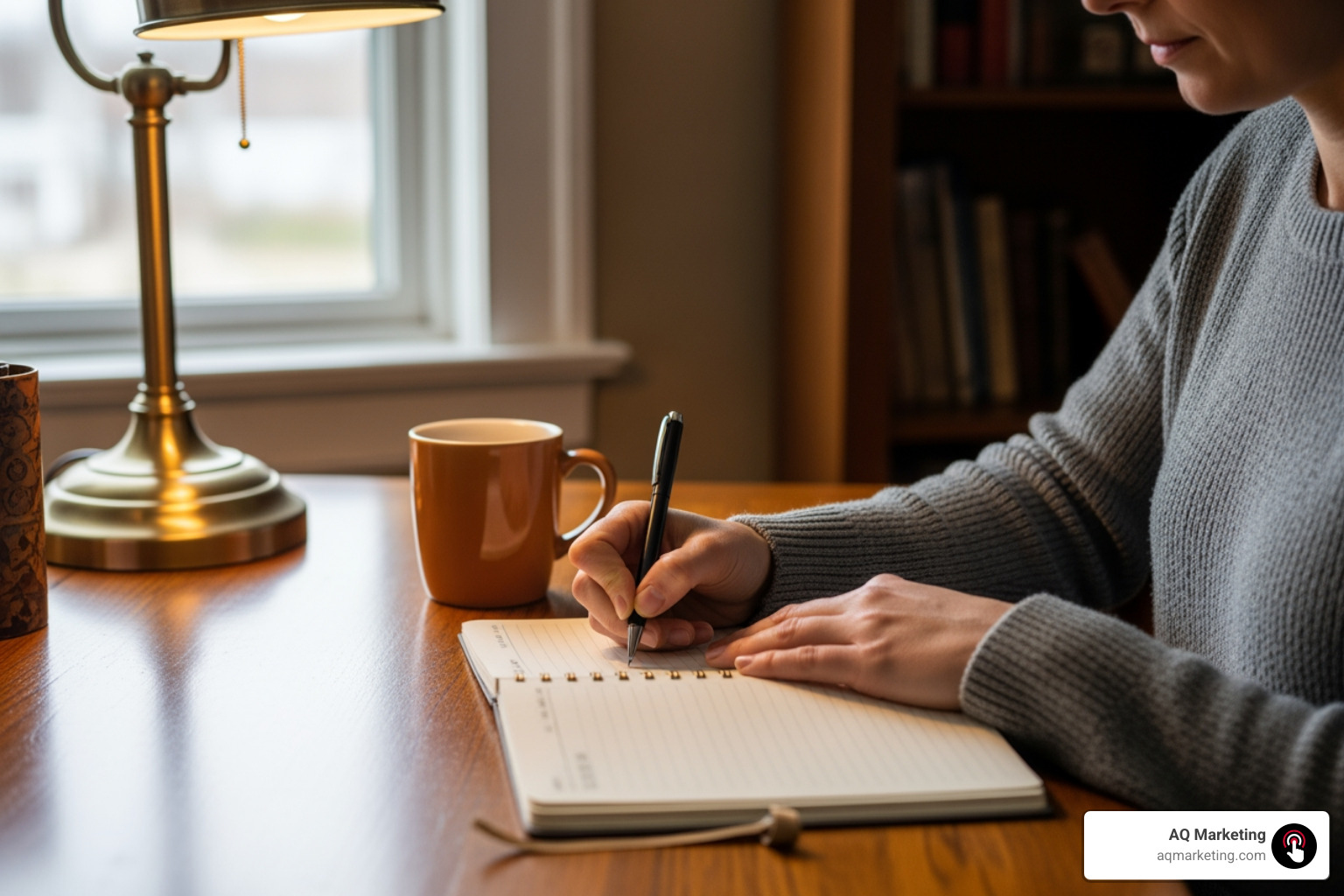 Person writing a marketing plan at a desk, with a coffee mug and New England-style decor - cost effective marketing strategies Person writing a marketing plan at a desk, with a coffee mug and New England-style decor - cost effective marketing strategies
