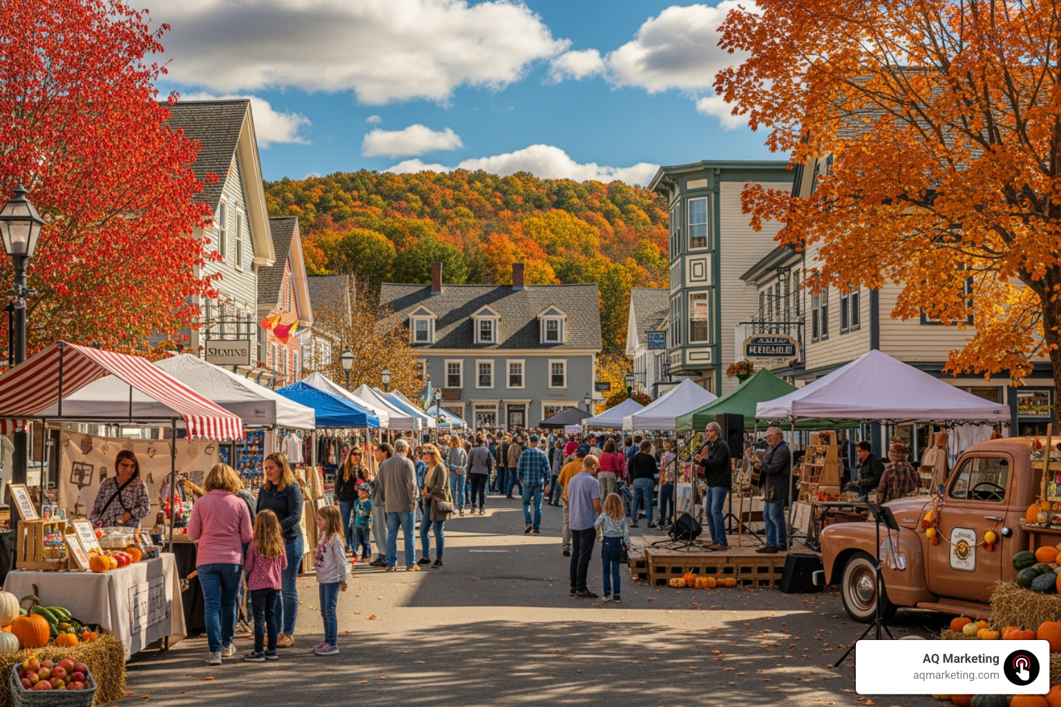 Local community event in a New England town, with people interacting at vendor booths - cost effective marketing strategies Local community event in a New England town, with people interacting at vendor booths - cost effective marketing strategies