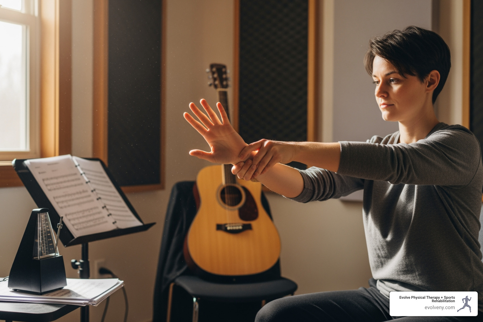 A musician performing stretches for their hands and arms - hand therapy for musicians A musician performing stretches for their hands and arms - hand therapy for musicians