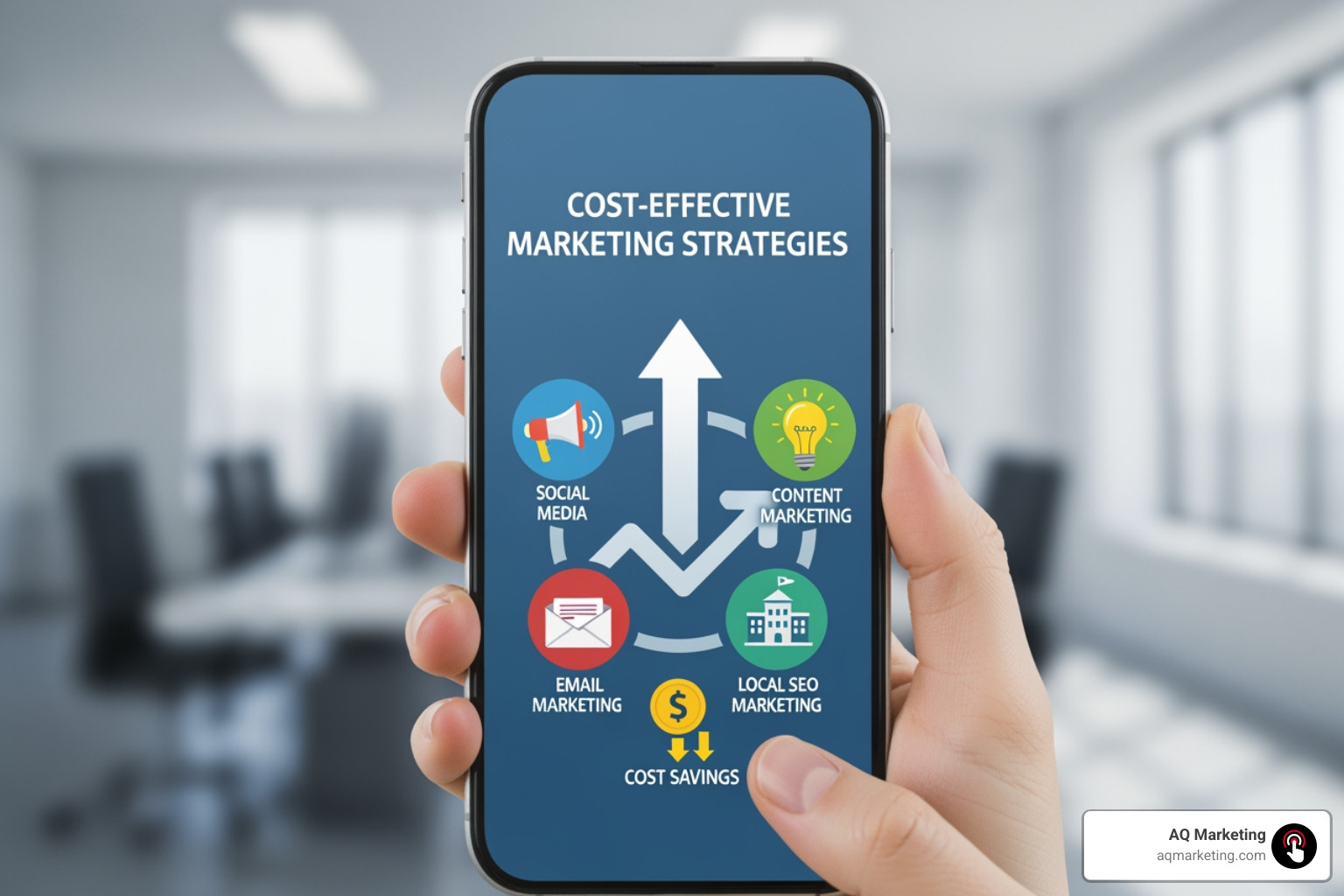 Laptop screen showing a website and social media profiles, with a Boston skyline in the background - cost effective marketing strategies Laptop screen showing a website and social media profiles, with a Boston skyline in the background - cost effective marketing strategies