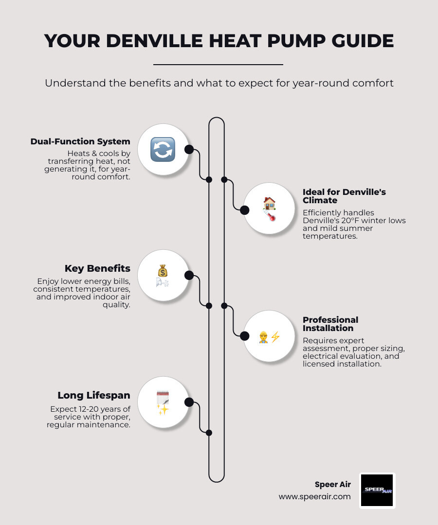 Infographic showing how a heat pump provides year-round comfort: arrows depicting heat transfer from outside to inside during winter (heating mode) and inside to outside during summer (cooling mode), with icons showing energy efficiency, consistent temperatures, and dual functionality for Denville's climate with average winter lows of 20°F and mild summers - heat pump installation denville nj infographic infographic-line-5-steps-elegant_beige Infographic showing how a heat pump provides year-round comfort: arrows depicting heat transfer from outside to inside during winter (heating mode) and inside to outside during summer (cooling mode), with icons showing energy efficiency, consistent temperatures, and dual functionality for Denville's climate with average winter lows of 20°F and mild summers - heat pump installation denville nj infographic infographic-line-5-steps-elegant_beige
