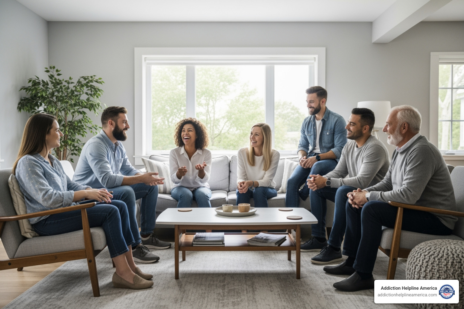 A group of diverse individuals laughing and engaging in positive conversation in a bright, modern living room setting. - sober living Nashville A group of diverse individuals laughing and engaging in positive conversation in a bright, modern living room setting. - sober living Nashville