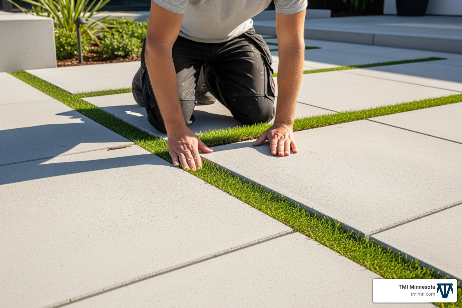 A person carefully fitting a pre-cut strip of artificial grass between two large pavers. - block paving with artificial grass