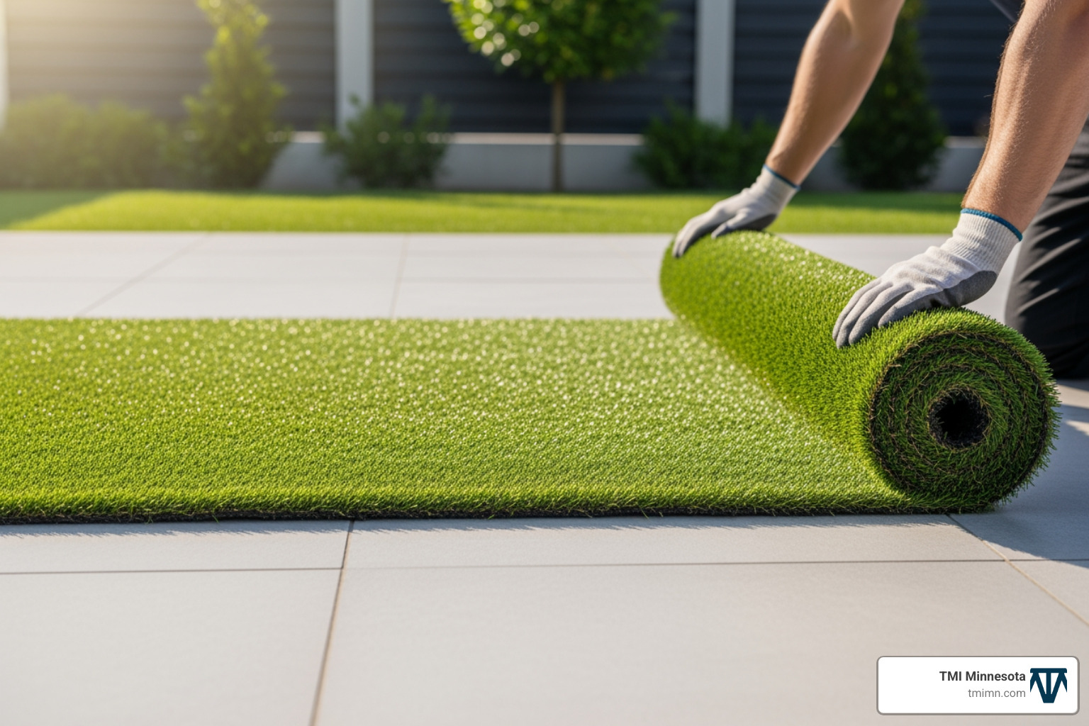 Artificial grass being rolled out over a prepared, clean patio. - block paving with artificial grass