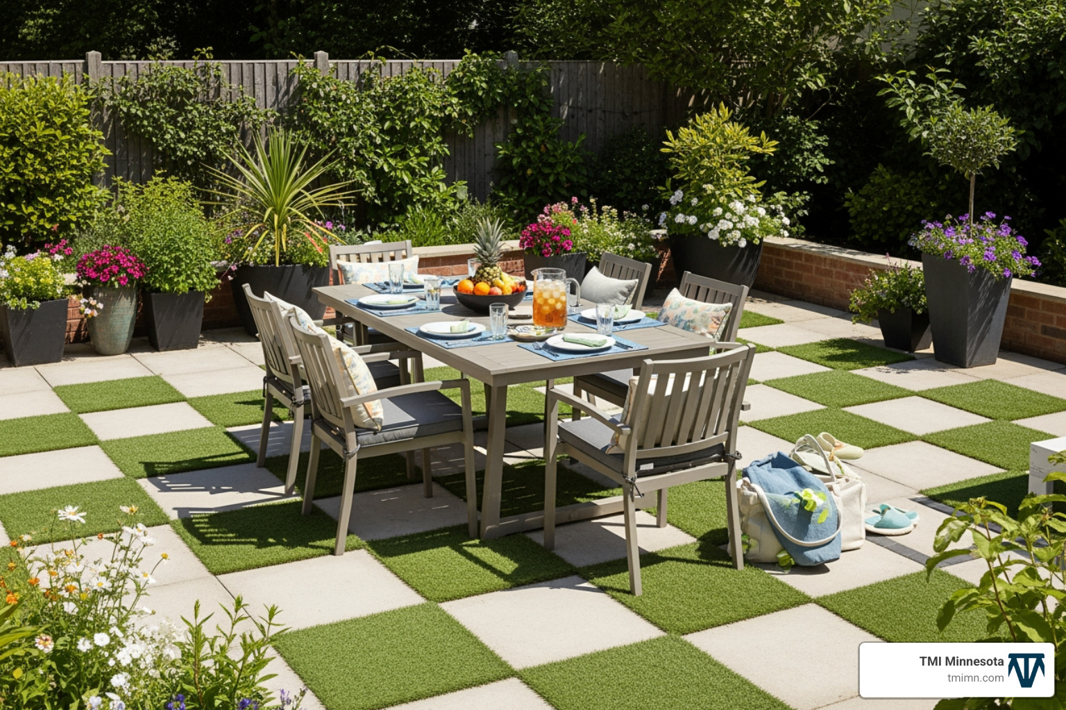 A beautiful backyard entertainment area with a checkerboard pattern of pavers and turf. - block paving with artificial grass