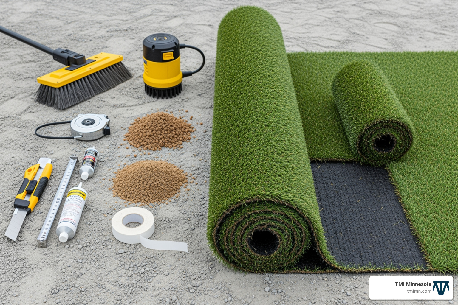 Tools and materials for artificial grass installation - block paving with artificial grass