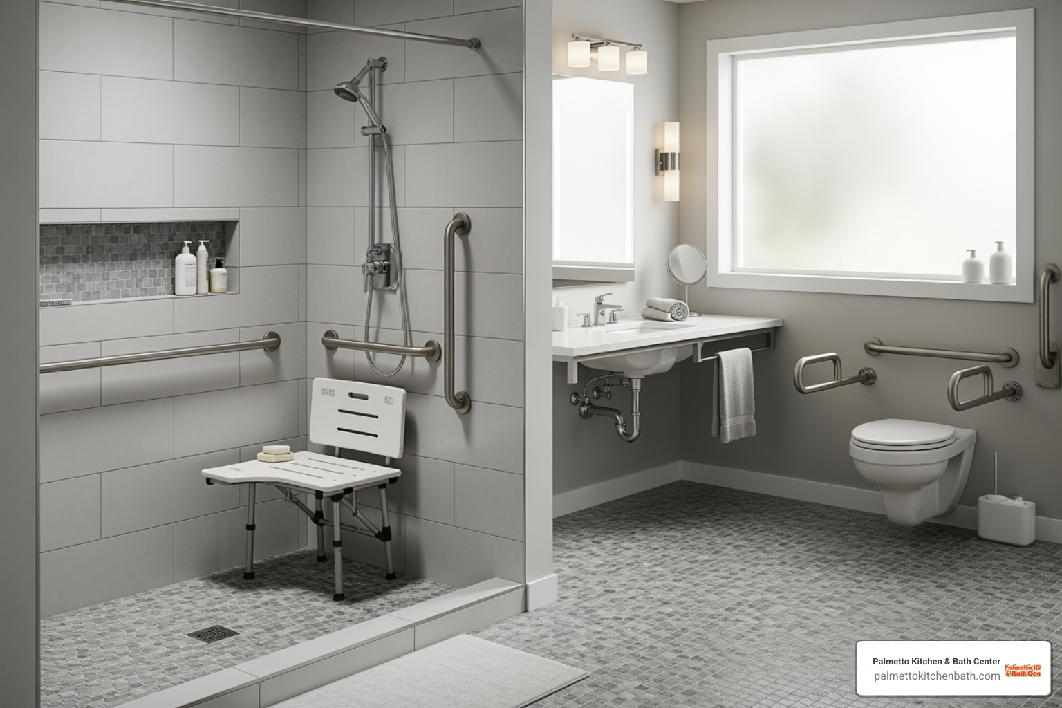 curbless, roll-in shower with a folding seat and grab bars - accessible bathroom design curbless, roll-in shower with a folding seat and grab bars - accessible bathroom design