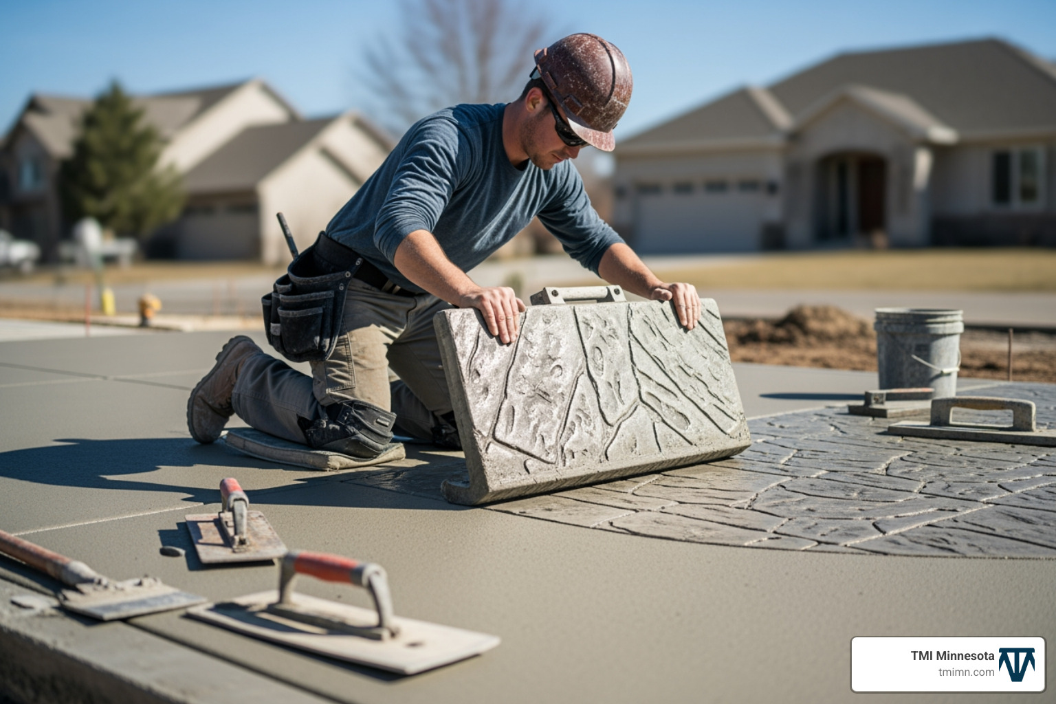 contractor using a stamp on fresh concrete - textured concrete driveway contractor using a stamp on fresh concrete - textured concrete driveway