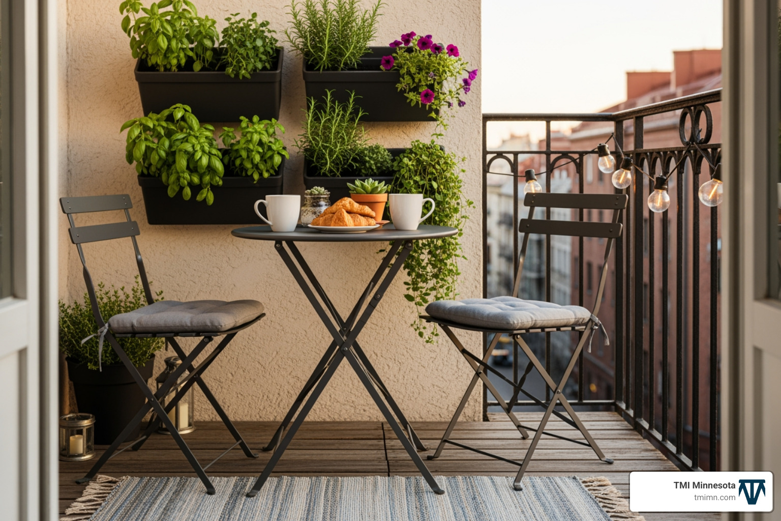 small balcony with folding bistro set and vertical planters - outdoor seating areas